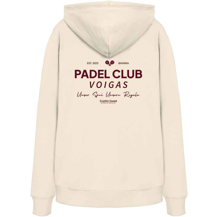 Beiger Unisex Hoodie mit rotem „Padel Club“-Backprint – hochwertiger Streetwear-Hoodie von Grantler Gwand für Padel-Fans.