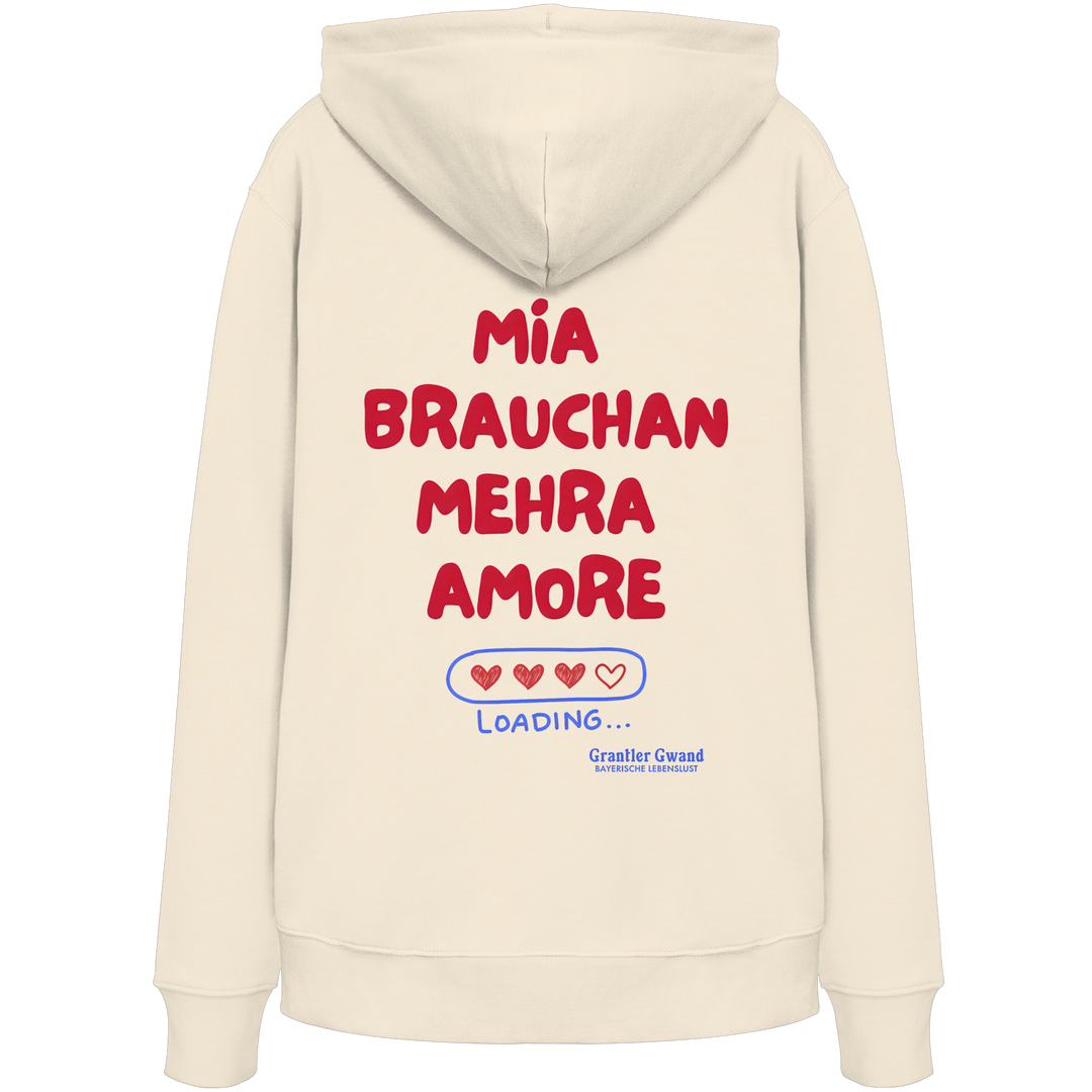 Naturfarbener Hoodie mit großem Backprint "Mia brauchan mehra Amore" und Herz-Ladebalken im bayerischen Streetwear-Design von Grantler Gwand.