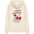 Cremefarbener Unisex Hoodie mit „Frechs Früchterl“-Backprint und Kirschen-Motiv – bayerische Streetwear von Grantler Gwand im modernen Retro-Look.