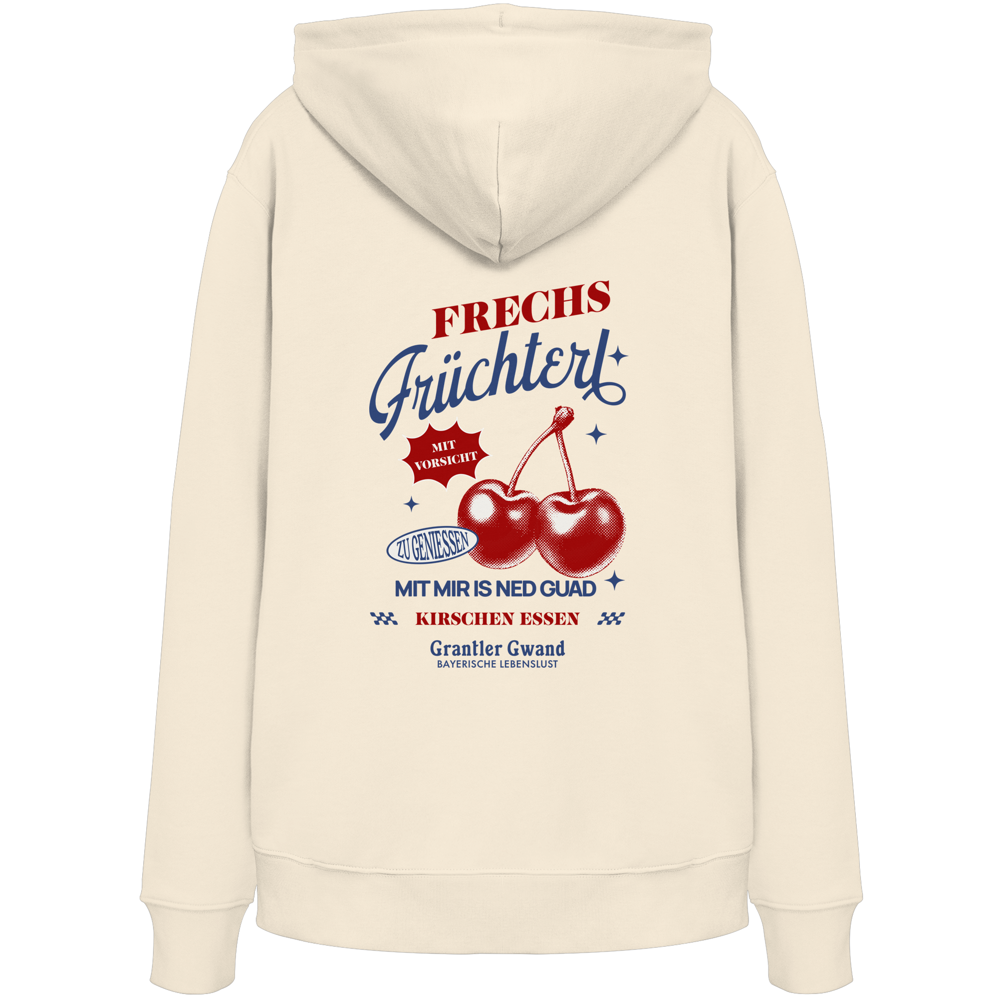 Cremefarbener Unisex Hoodie mit „Frechs Früchterl“-Backprint und Kirschen-Motiv – bayerische Streetwear von Grantler Gwand im modernen Retro-Look.