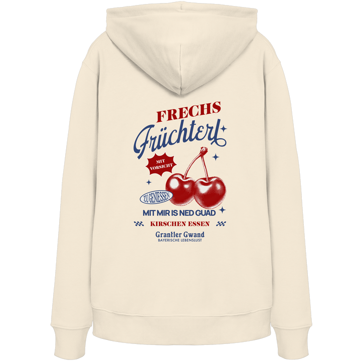 Cremefarbener Unisex Hoodie mit „Frechs Früchterl“-Backprint und Kirschen-Motiv – bayerische Streetwear von Grantler Gwand im modernen Retro-Look.