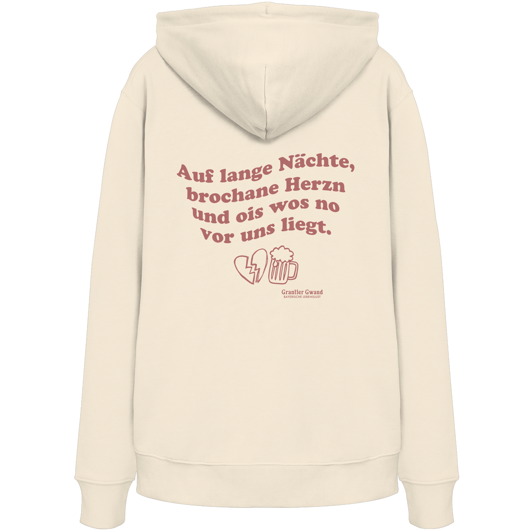 Beiger Unisex Hoodie mit rotem Rückendruck „auf lange Nächte“ im Vintage-Look von Grantler Gwand aus hochwertiger Bio-Baumwolle.