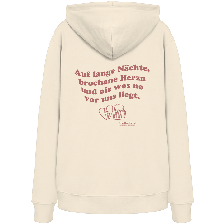 Beiger Unisex Hoodie mit rotem Rückendruck „auf lange Nächte“ im Vintage-Look von Grantler Gwand aus hochwertiger Bio-Baumwolle.