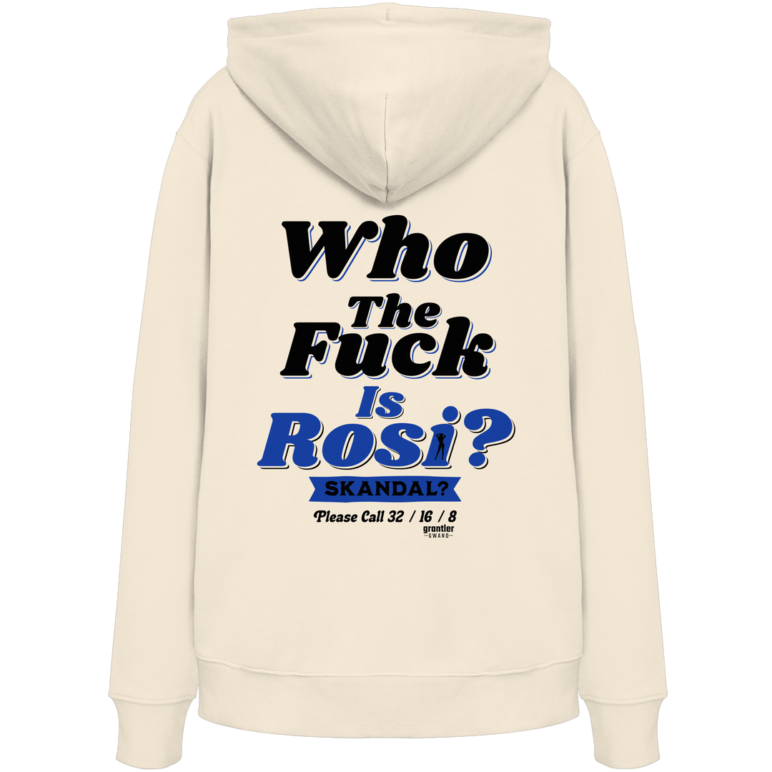 Naturfarbener Hoodie mit großem Backprint „Who The Fuck Is Rosi? Skandal?“ in Schwarz und Blau im Retro-Stil.