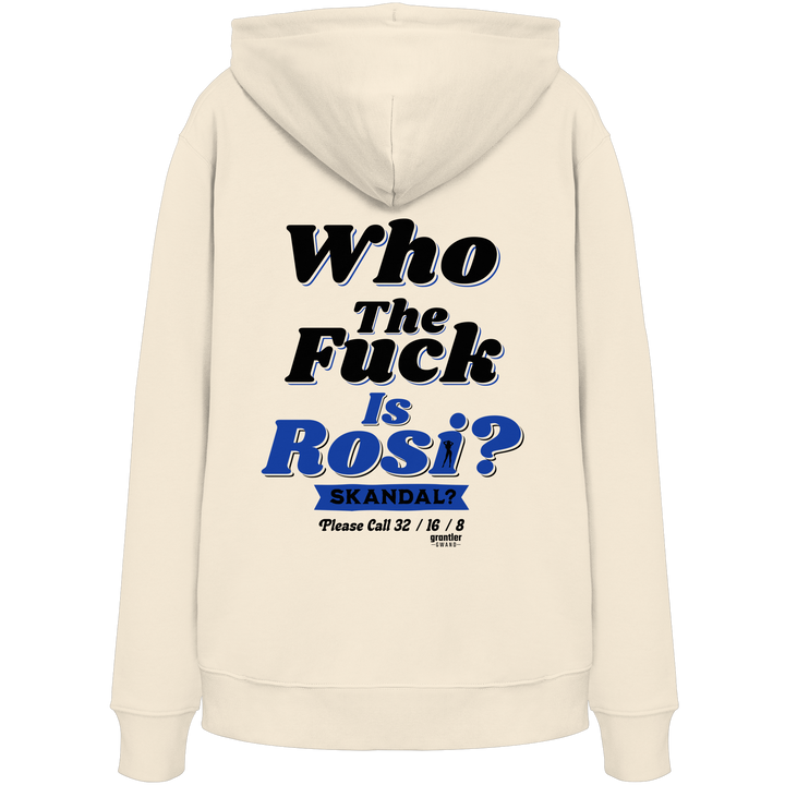 Naturfarbener Hoodie mit großem Backprint „Who The Fuck Is Rosi? Skandal?“ in Schwarz und Blau im Retro-Stil.