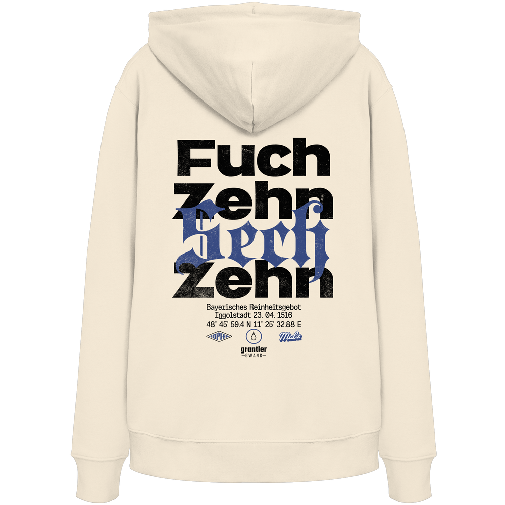 Naturfarbener Hoodie mit großem „Fuchzehn Sechzehn“-Backprint in Schwarz und Blau, inspiriert vom Bayerischen Reinheitsgebot von 1516.