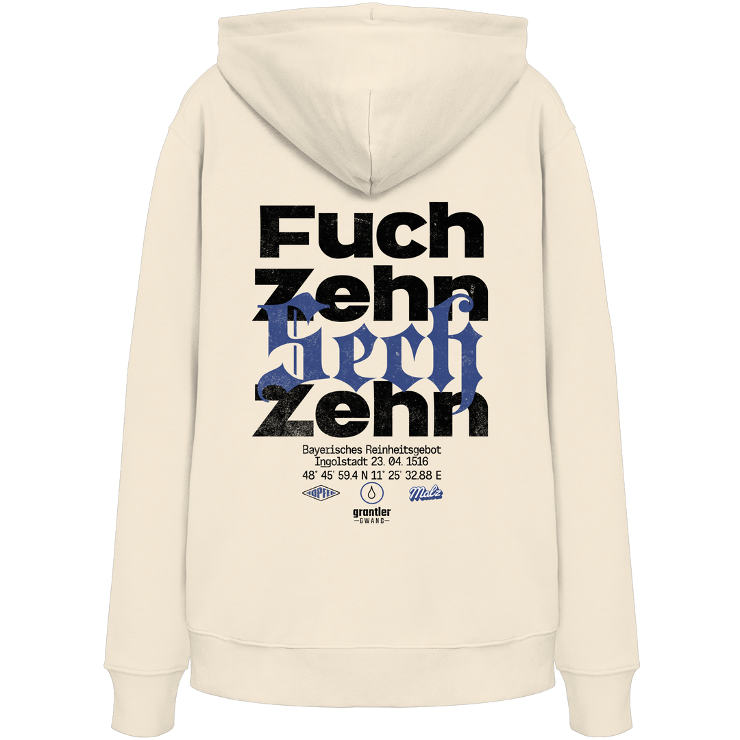 Naturfarbener Hoodie mit großem „Fuchzehn Sechzehn“-Backprint in Schwarz und Blau, inspiriert vom Bayerischen Reinheitsgebot von 1516.