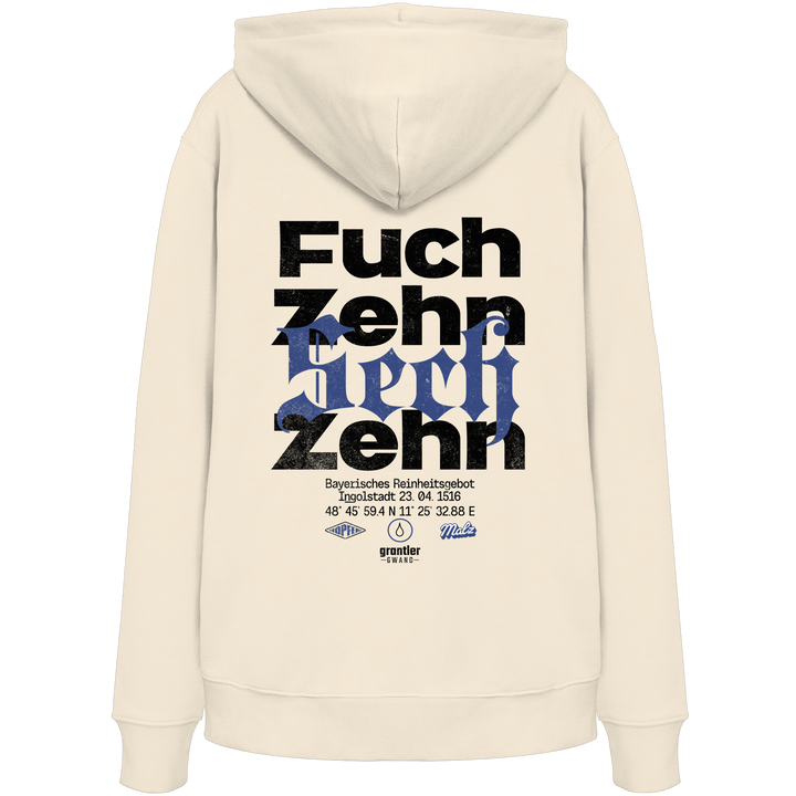 Naturfarbener Hoodie mit großem „Fuchzehn Sechzehn“-Backprint in Schwarz und Blau, inspiriert vom Bayerischen Reinheitsgebot von 1516.