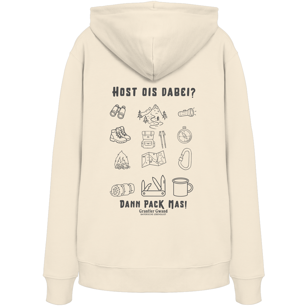 Cremefarbener Hoodie mit Backprint „Host ois dabei“ – bayerischer Outdoor Hoodie mit Wander-, Camping- und Bergsport-Motiv von Grantler Gwand.