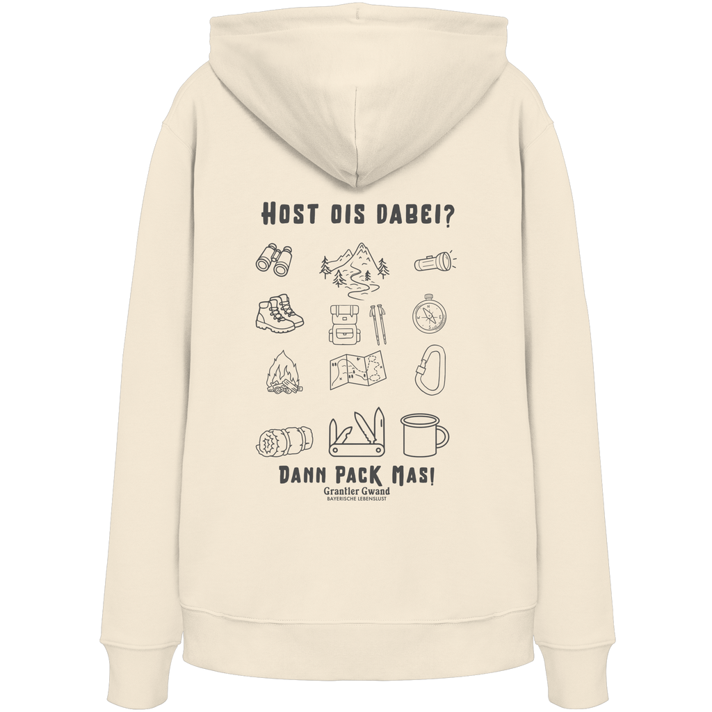 Cremefarbener Hoodie mit Backprint „Host ois dabei“ – bayerischer Outdoor Hoodie mit Wander-, Camping- und Bergsport-Motiv von Grantler Gwand.