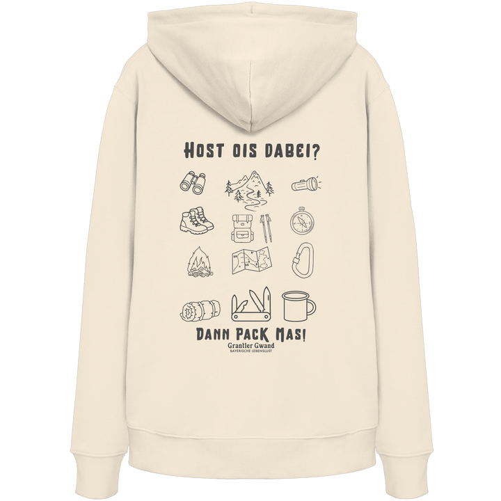 Cremefarbener Hoodie mit Backprint „Host ois dabei“ – bayerischer Outdoor Hoodie mit Wander-, Camping- und Bergsport-Motiv von Grantler Gwand.