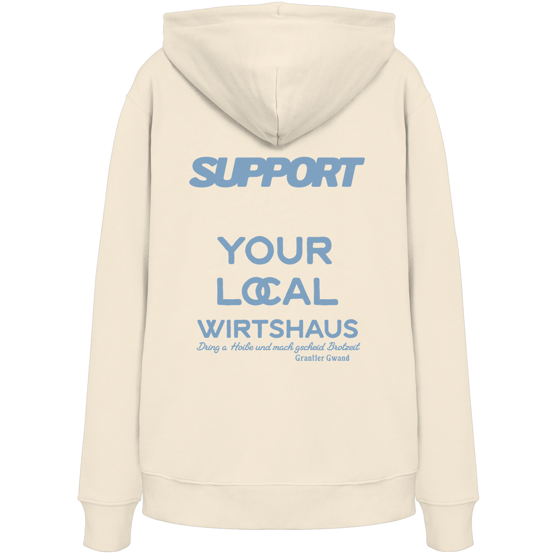 „Beiger Unisex Hoodie mit großem, blauem Backprint &