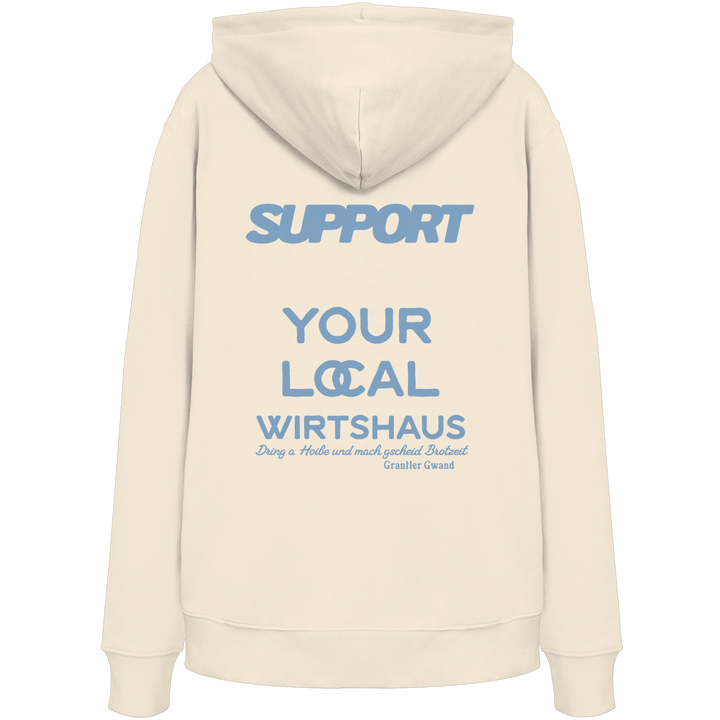 „Beiger Unisex Hoodie mit großem, blauem Backprint &