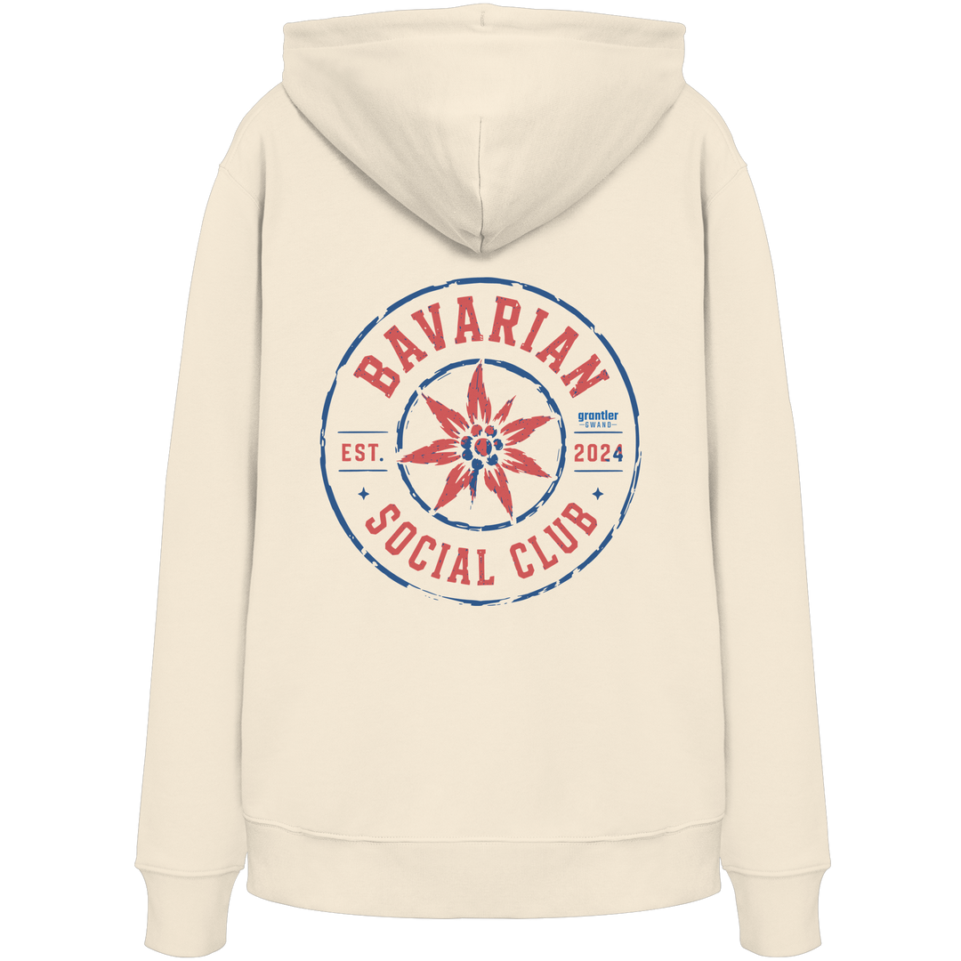 Naturfarbener Hoodie mit großem roten und blauen „Bavarian Social Club“-Backprint sowie Edelweiß-Motiv im Vintage-Streetwear-Design.