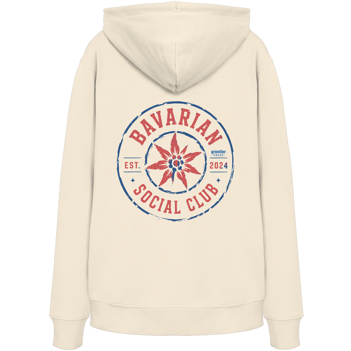 Naturfarbener Hoodie mit großem roten und blauen „Bavarian Social Club“-Backprint sowie Edelweiß-Motiv im Vintage-Streetwear-Design.