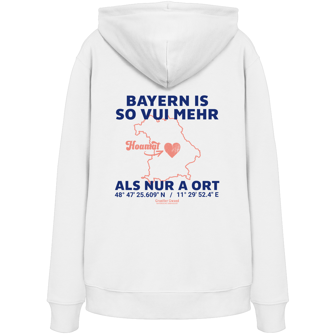 Weißer Unisex Hoodie von Grantler Gwand mit blauem Backprint „Bayern is so vui mehr als nur a Ort“, Herzsymbol und Bayern-Silhouette – bayerischer Streetwear Hoodie.