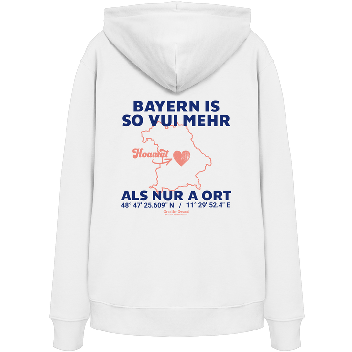 Weißer Unisex Hoodie von Grantler Gwand mit blauem Backprint „Bayern is so vui mehr als nur a Ort“, Herzsymbol und Bayern-Silhouette – bayerischer Streetwear Hoodie.