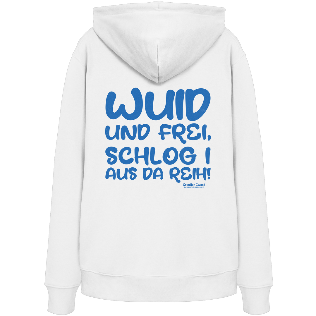 Weißer Wuid und frei Hoodie mit großem blauen Backprint und bayerischem Spruch. Unisex Kapuzenhoodie aus hochwertiger Baumwollmischung für Streetwear, Biergarten, Volksfest und Freizeit. Designed und bedruckt in Bayern von Grantler Gwand.