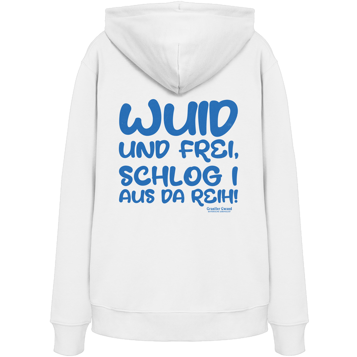 Weißer Wuid und frei Hoodie mit großem blauen Backprint und bayerischem Spruch. Unisex Kapuzenhoodie aus hochwertiger Baumwollmischung für Streetwear, Biergarten, Volksfest und Freizeit. Designed und bedruckt in Bayern von Grantler Gwand.