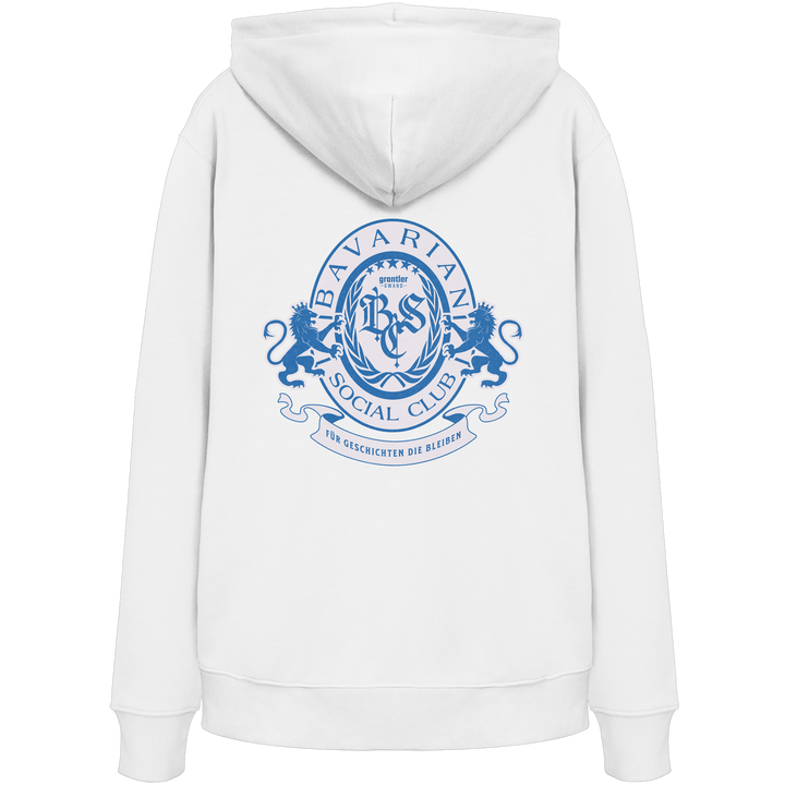 Weißer Hoodie mit großem blauen Bavarian Social Club Wappen auf dem Rücken, Lorbeerkranz, Löwen und hochwertigem bayerischen Streetwear-Design.