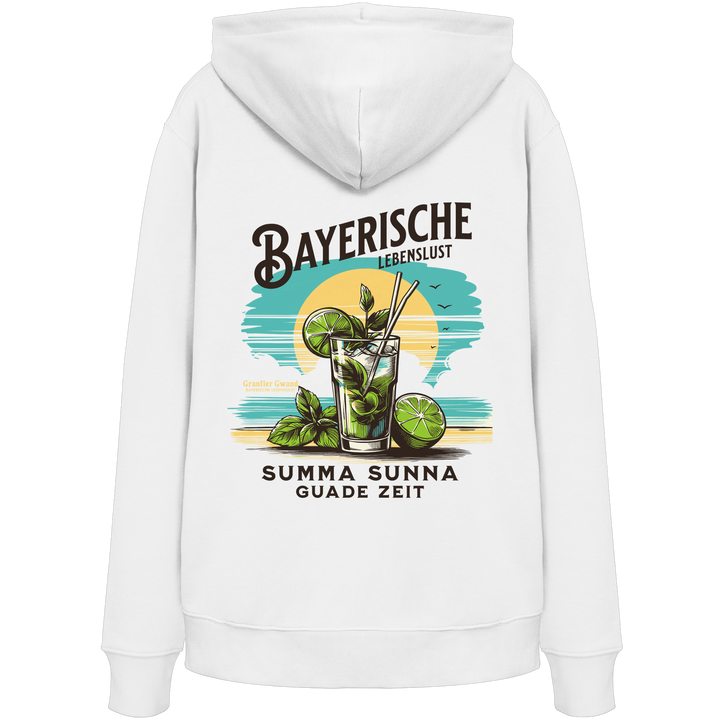 Weißer Hoodie mit großem sommerlichem Backprint „Bayerische Lebenslust – Summa Sunna Guade Zeit“ und farbigem Drink-Motiv.