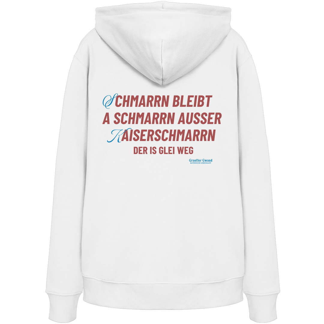 Weißer Hoodie mit großem Backprint „Schmarrn bleibt a Schmarrn, außer Kaiserschmarrn – der is glei weg“.