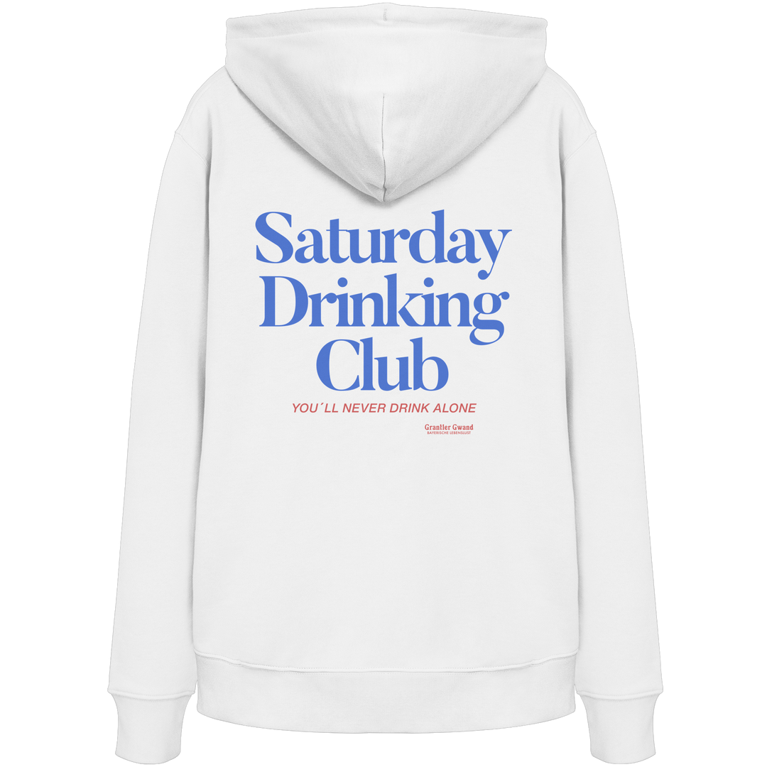 Weißer  Hoodie mit großem Rückenprint „Saturday Drinking Club“ in Blau und rotem Schriftzug „You&