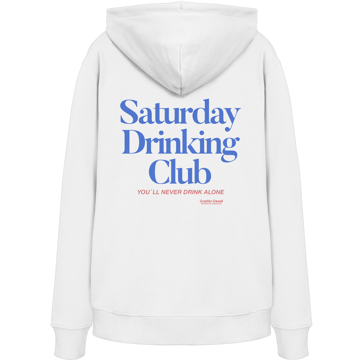 Weißer  Hoodie mit großem Rückenprint „Saturday Drinking Club“ in Blau und rotem Schriftzug „You&