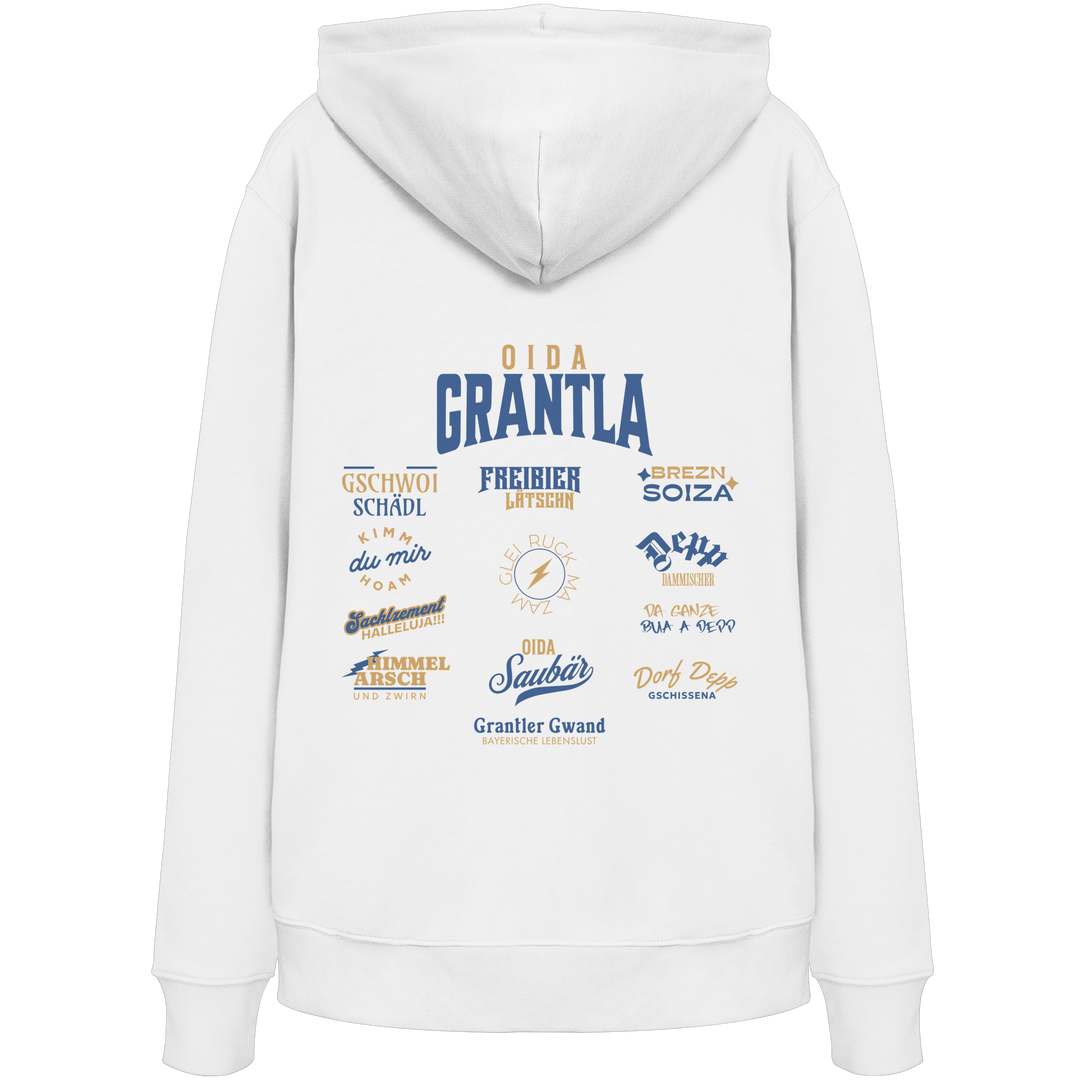 Weißer Hoodie mit großem Backprint „Oida Grantla“ und verschiedenen bayerischen Dialektbegriffen wie Gschwoi Schädl, Freibier Låtschn, Brezn Soiza, Oida Saubär und Dorf Depp von Grantler Gwand.
