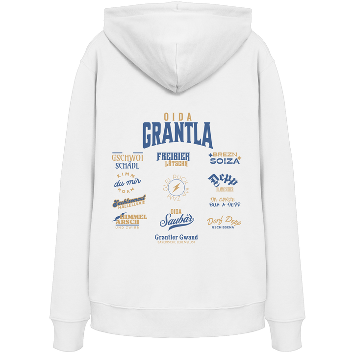 Weißer Hoodie mit großem Backprint „Oida Grantla“ und verschiedenen bayerischen Dialektbegriffen wie Gschwoi Schädl, Freibier Låtschn, Brezn Soiza, Oida Saubär und Dorf Depp von Grantler Gwand.