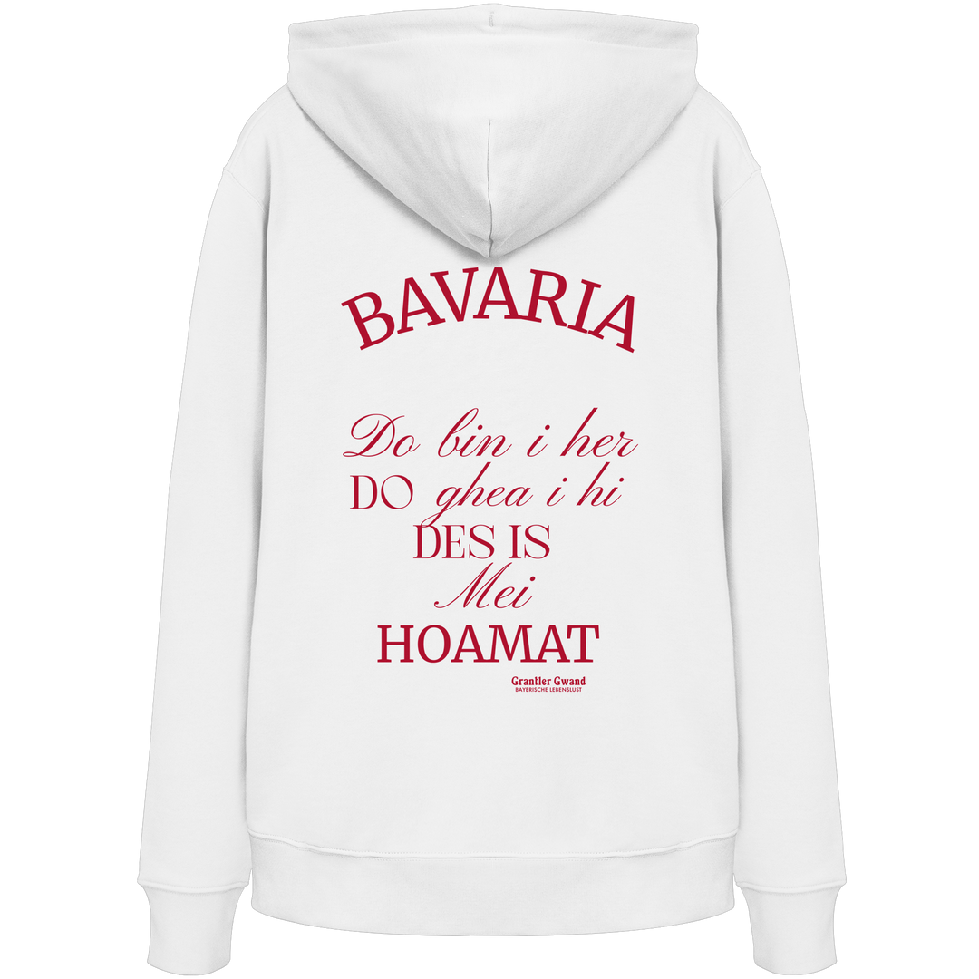 Weißer  Hoodie mit großem Backprint „Bavaria – Do bin i her. Do ghea i hi. Des is mei Hoamat.“ in elegantem Typografie-Design.