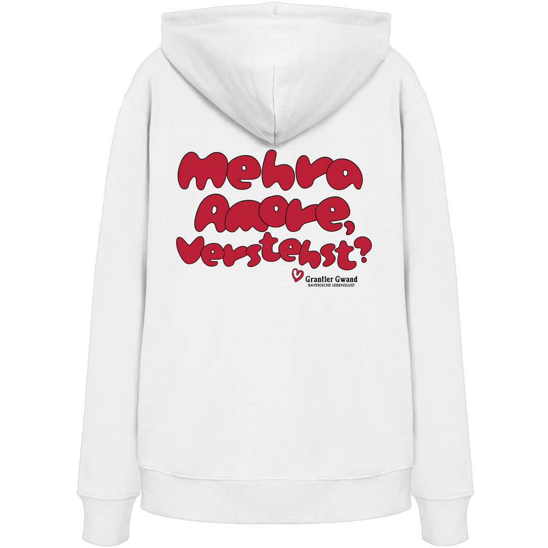 Weißer Hoodie mit großem Backprint „Mehra Amore, verstehst?“ in roter Retro-Typografie.