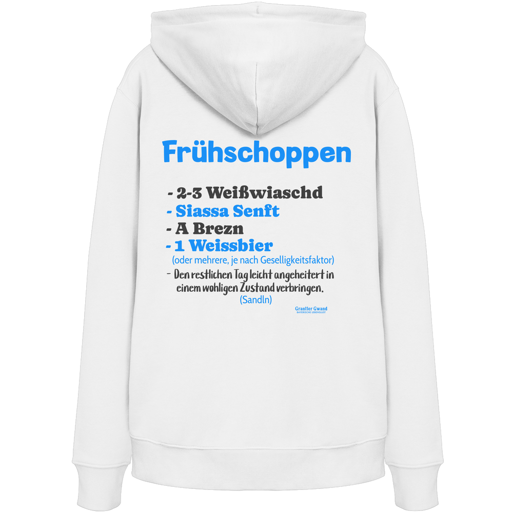 Weißer Hoodie mit großem Backprint „Frühschoppen“ und humorvoller bayerischer Anleitung zu Weißwurst, Brezn, süßem Senf und Weißbier.