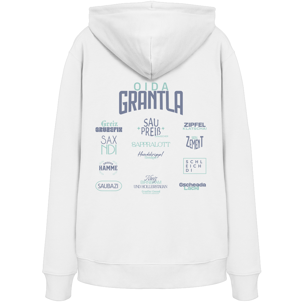Weißer Hoodie mit großem Backprint „Oida Grantla“ und verschiedenen bayerischen Dialektbegriffen wie Saupreis, Saxnidi, Zipfelklatscha und Schleich di von Grantler Gwand.