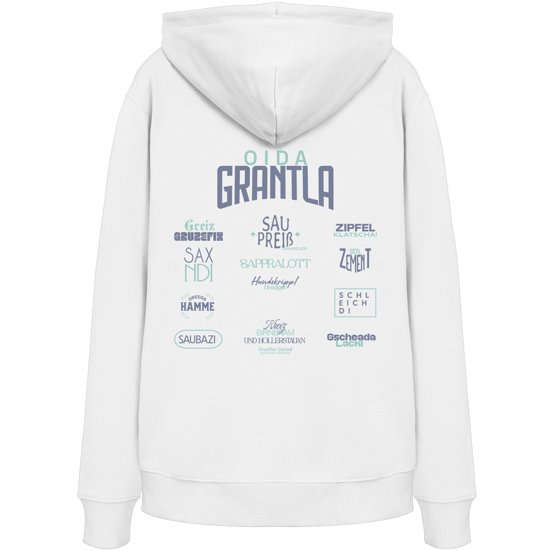 Weißer Hoodie mit großem Backprint „Oida Grantla“ und verschiedenen bayerischen Dialektbegriffen wie Saupreis, Saxnidi, Zipfelklatscha und Schleich di von Grantler Gwand.
