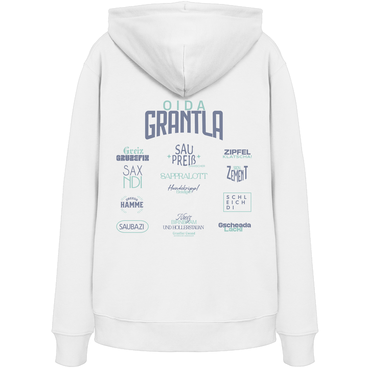 Weißer Hoodie mit großem Backprint „Oida Grantla“ und verschiedenen bayerischen Dialektbegriffen wie Saupreis, Saxnidi, Zipfelklatscha und Schleich di von Grantler Gwand.