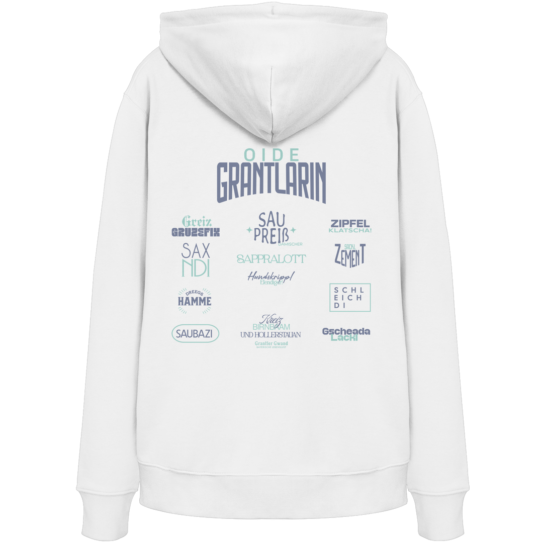 Weißer Oversize Hoodie mit großem Backprint „Oide Grantlarin“ sowie bayerischen Dialektbegriffen im modernen Typografie-Design von Grantler Gwand.