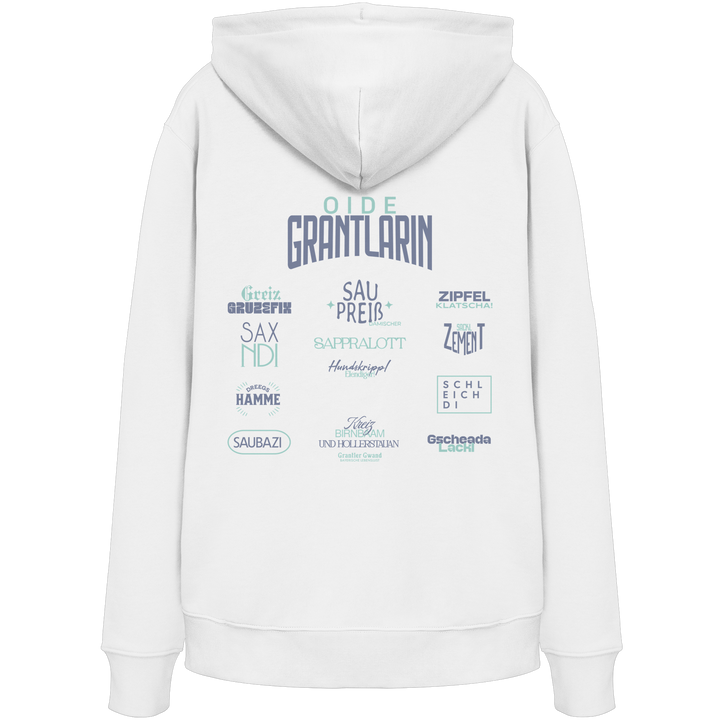 Weißer Oversize Hoodie mit großem Backprint „Oide Grantlarin“ sowie bayerischen Dialektbegriffen im modernen Typografie-Design von Grantler Gwand.