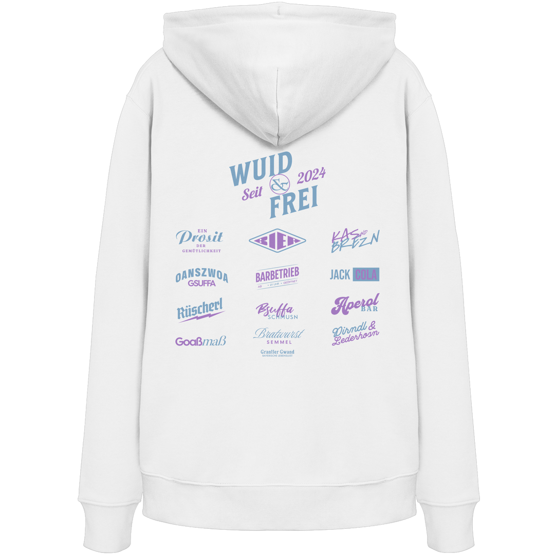 Weißer Hoodie mit großem Backprint „Wuid & Frei seit 2024“ sowie verschiedenen bayerischen Typografie-Designs und Dialektbegriffen.
