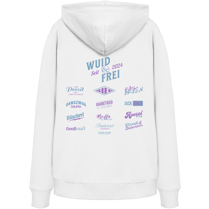 Weißer Hoodie mit großem Backprint „Wuid &amp; Frei seit 2024“ sowie verschiedenen bayerischen Typografie-Designs und Dialektbegriffen.