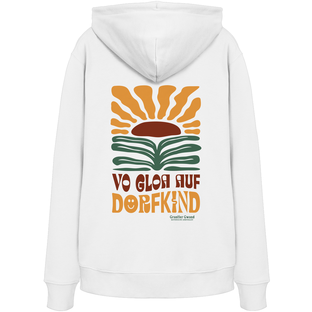 Weißer Unisex Hoodie mit großem Retro-Backprint aus stilisierter Sonne und Landschaft sowie dem bayerischen Schriftzug „Vo Gloa auf Dorfkind“ in warmen Vintage-Farben.