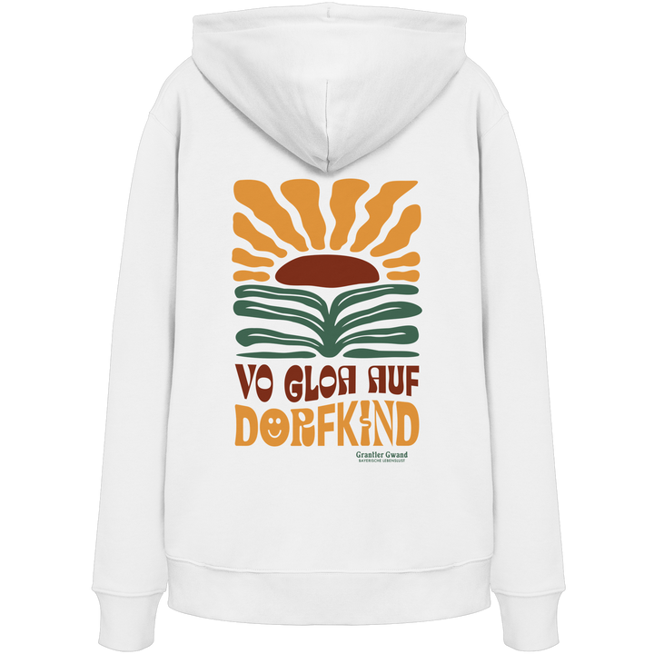 Weißer Unisex Hoodie mit großem Retro-Backprint aus stilisierter Sonne und Landschaft sowie dem bayerischen Schriftzug „Vo Gloa auf Dorfkind“ in warmen Vintage-Farben.