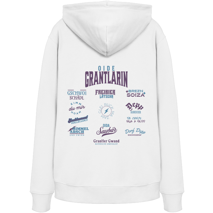Weißer Hoodie mit großem Backprint „Oide Grantlarin“ und verschiedenen bayerischen Dialektbegriffen wie Gschwoi Schädl, Freibier Låtschn, Brezn Soiza, Oida Saubär und Dorf Depp von Grantler Gwand.