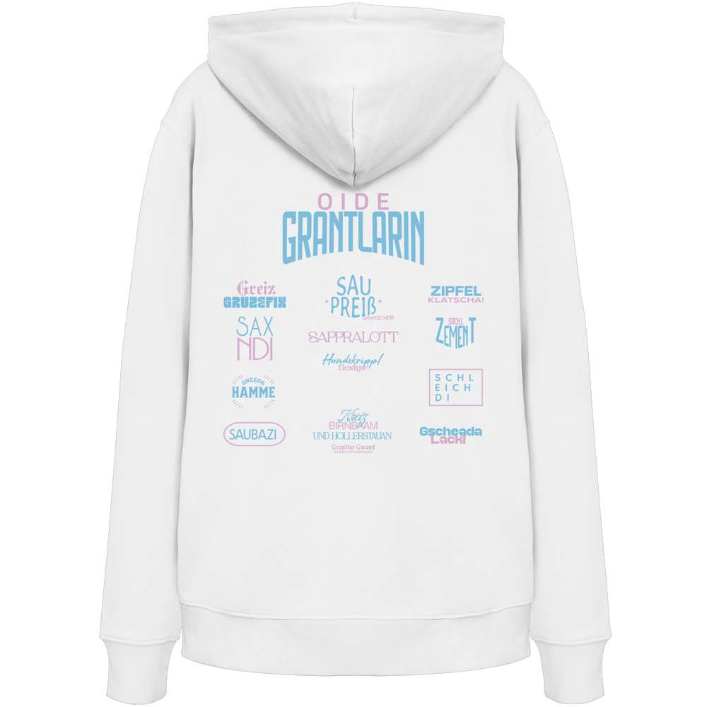 Weißer Hoodie mit großem Backprint „Oide Grantlarin“ sowie bayerischen Dialektbegriffen im modernen Typografie-Design von Grantler Gwand.