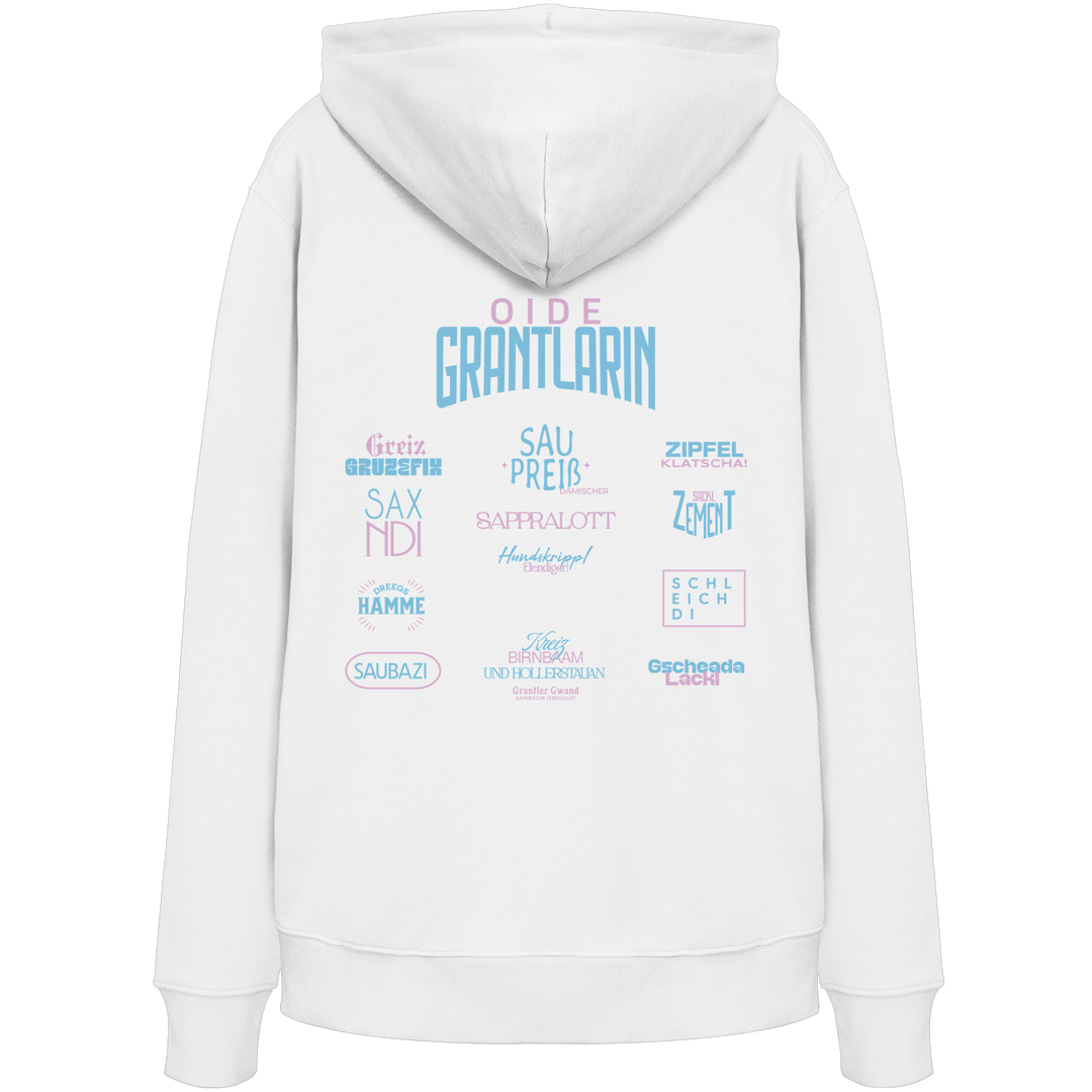 Weißer Hoodie mit großem Backprint „Oide Grantlarin“ sowie bayerischen Dialektbegriffen im modernen Typografie-Design von Grantler Gwand.