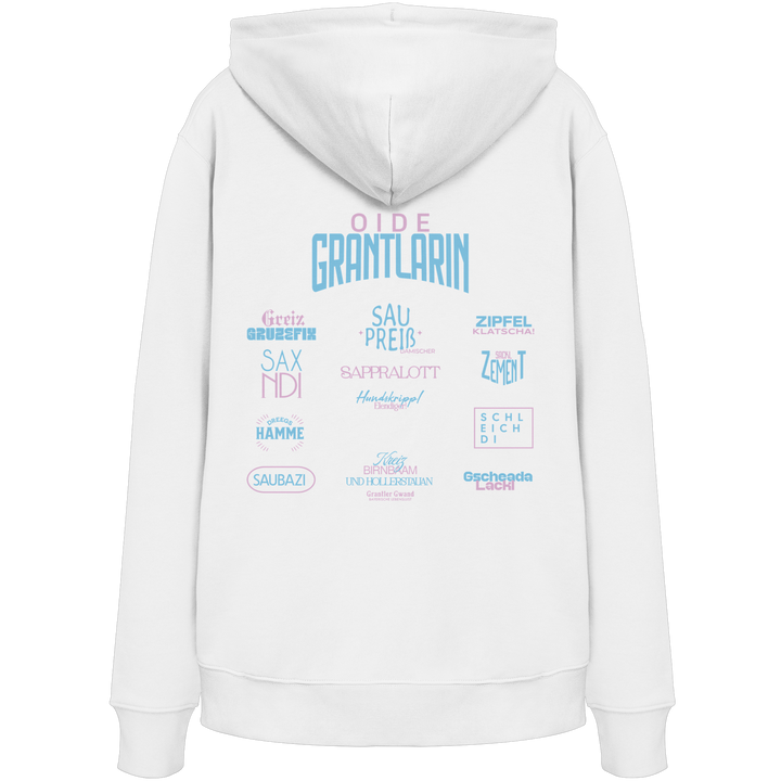 Weißer Hoodie mit großem Backprint „Oide Grantlarin“ sowie bayerischen Dialektbegriffen im modernen Typografie-Design von Grantler Gwand.