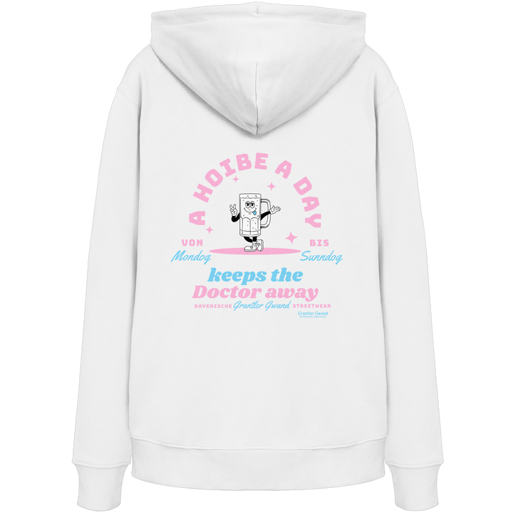 Weißer Hoodie mit großem Backprint „A Hoibe A Day keeps the Doctor away“, einem lächelnden Bierkrug und den Schriftzügen „Von Mondog bis Sunndog“ von Grantler Gwand.