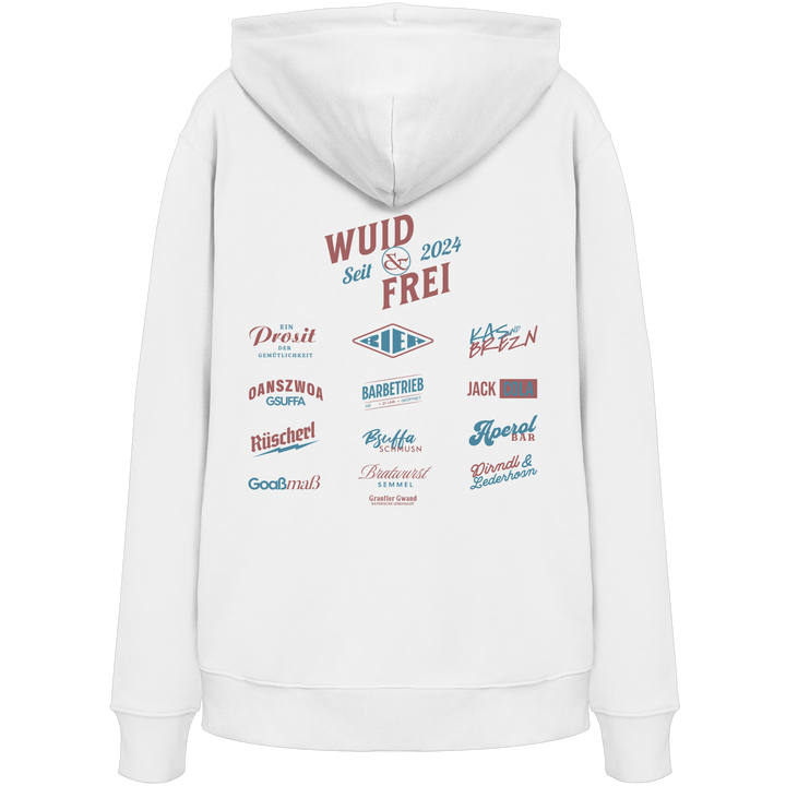 Weißer Hoodie mit großem Backprint „Wuid &amp; Frei seit 2024“ sowie verschiedenen bayerischen Typografie-Designs und Dialektbegriffen.