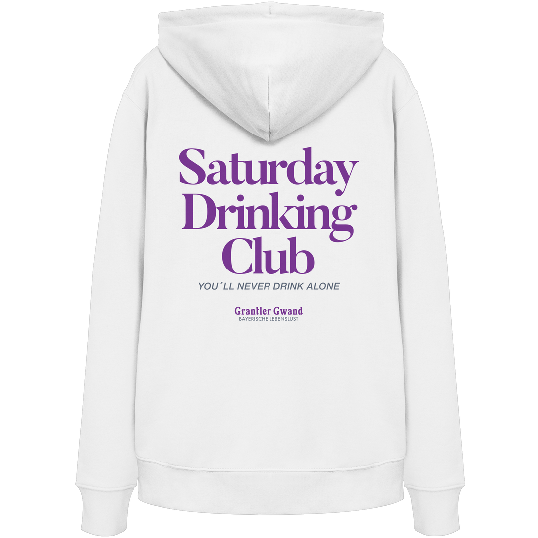 Weißer Hoodie mit großem Rückenprint „Saturday Drinking Club“ in Blau und rotem Schriftzug „You&