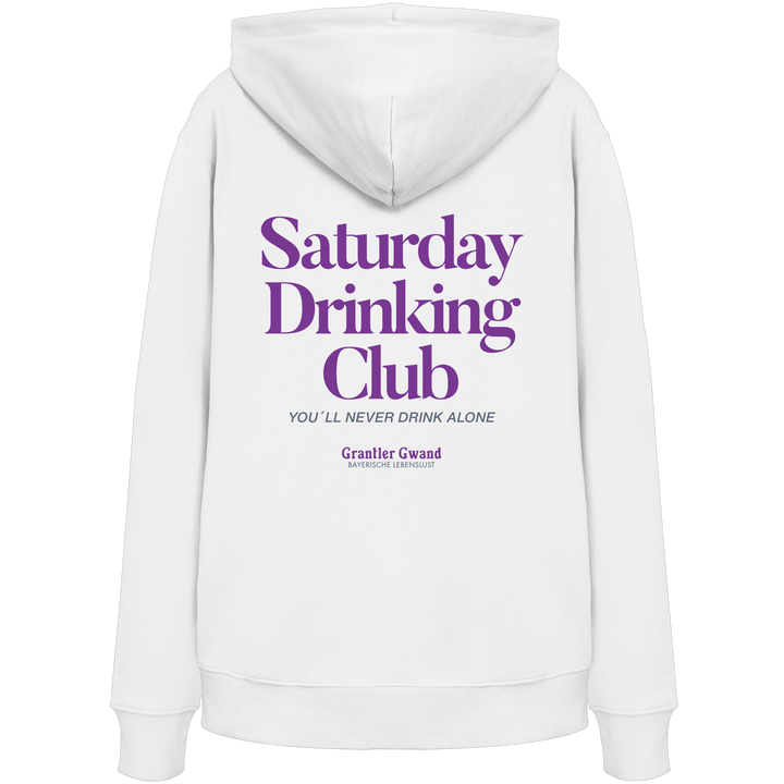 Weißer Hoodie mit großem Rückenprint „Saturday Drinking Club“ in Blau und rotem Schriftzug „You&